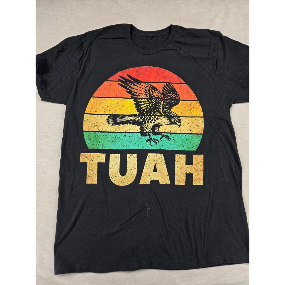 Gildan Hawk Tuah Retro Sunset Graphic T-Shirt Mens Large Black Short Sleeve Tee